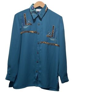 Vintage Jordana Button Up Shirt X-Large Teal Long Sleeve Button leopard print